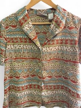 Alfred Dunner Cream Top with Teal, Brown & Olive Geometric Print